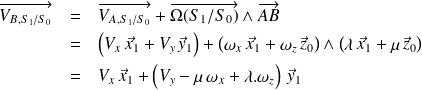 \begin{eqnarray*} \quad \overrightarrow{V_{B,S_1/S_0}} & = & \overrightarrow{V_{A,S_1/S_0}} + \overrightarrow{\Omega(S_1/S_0)}\wedge \overrightarrow{AB}\\ & = & \left(V_x \, \vec x_1 +V_y \, \vec y_1 \right) + \left(\omega_x \, \vec x_1+\omega_z \, \vec z_0 \right) \wedge \left(\lambda \, \vec x_1 + \mu \, \vec z_0\right) \\ & = & V_x \, \vec x_1 + \left(V_y -\mu\,\omega_x+\lambda.\omega_z \right)\, \vec y_1 \\ \end{eqnarray*}